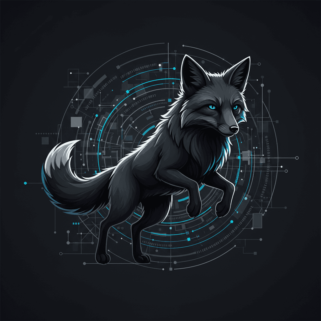 Illustration of a black fox with abstract data patterns, symbolizing tech innovation.