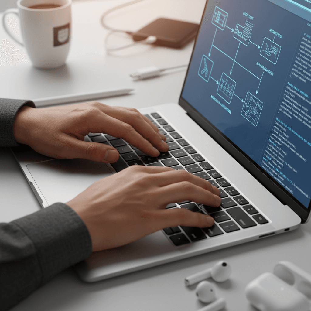 Hands typing on laptop keyboard with automation workflow diagrams visible on adjacent monitor screen