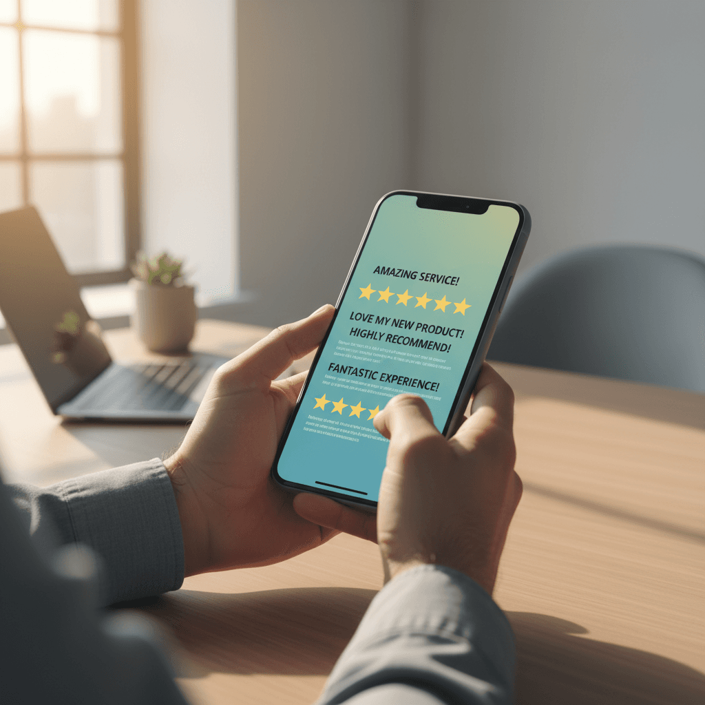 Small business owner checking positive customer review notifications on smartphone screen with visible star ratings and feedback