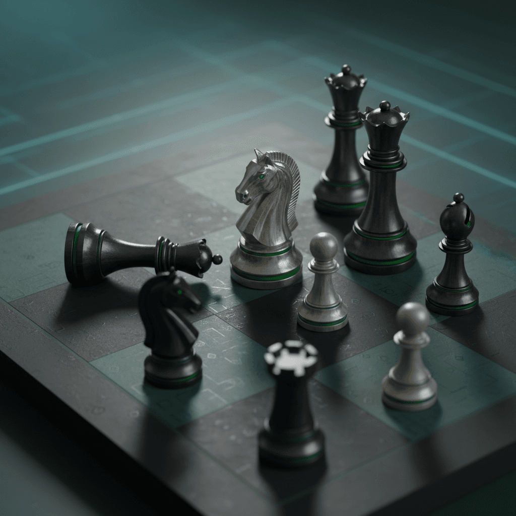 Detailed close-up of digital chess board mid-game showing intricately designed pieces and strategic positioning with dramatic directional lighting
